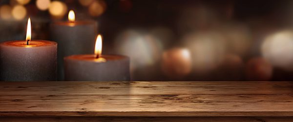 wooden table with candles background