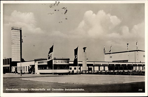 Mannheim in Baden Württemberg, Rhein Neckar Halle mit Gaststätte Reichsautobahn