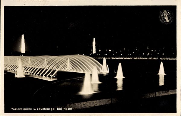 Düsseldorf am Rhein, Wasserspiele und Leuchtorgel bei Nacht, Schaffendes Volk 1937
