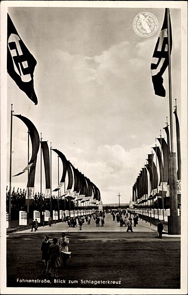 Düsseldorf, Ausstellung Schaffendes Volk 1937, Fahnenstraße, Blick zum Schlageterkreuz