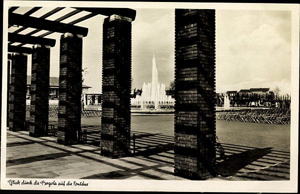 Schlageterstadt Düsseldorf, Reichsausstellung Schaffendes Volk 1937, Pergola, Fontäne