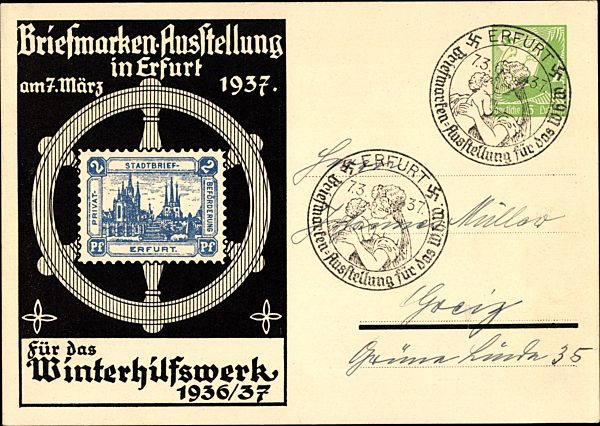 Ganzsachen Erfurt in Thüringen, Briefmarkenausstellung 07. März 1937, Winterhilfswerk