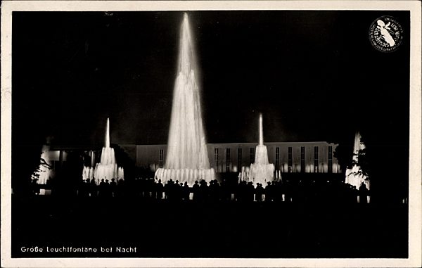 Düsseldorf am Rhein, Reichsausstellung Schaffendes Volk 1937, Schlageterstadt,Leuchtfontäne,Nacht