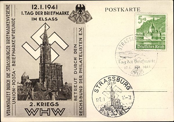 Strasbourg Straßburg Elsass Bas Rhin, I. Tag der Briefmarke im Elsaß, 12.01.1941, 2. Kriegs WHW