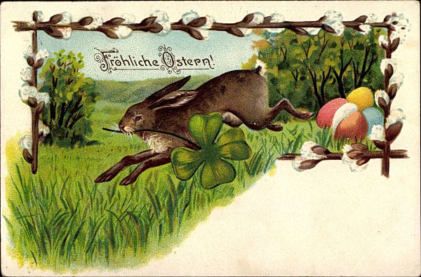 Glückwunsch Ostern, Osterhase trägt Kleeblatt, Weidenkätzchen