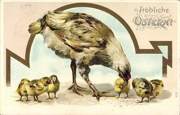 Glückwunsch Ostern, Henne mit ihren Küken am picken