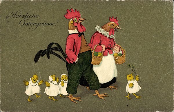 Herzliche Ostergrüße, Küken, Hühner, Korb, Ostereier, Munk 847