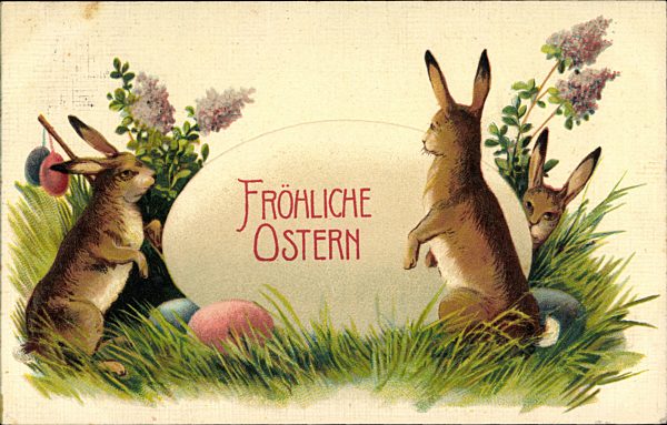 Glückwunsch Ostern, Osterhasen umringen Osterei