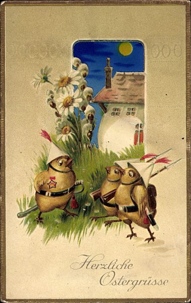 Haltgegendaslicht Glückwunsch Ostern, Bewaffnete Küken, Gänseblümchen