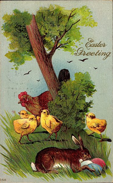 Glückwunsch Ostern, Henne mit Küken, Osterhase, Eier