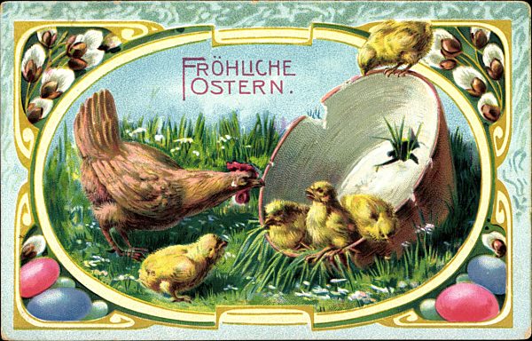 Glückwunsch Ostern, Henne mit Küken, Weidenkätzchen