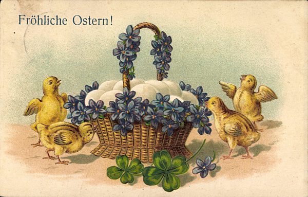 Fröhliche Ostern, Küken, Blumenkorb, Ostereier, Klee