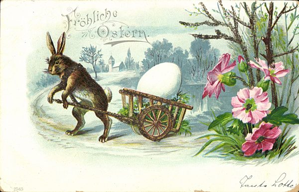 Glitzer Fröhliche Ostern, Ein Osterhase zieht einen Wagen mit Osterei