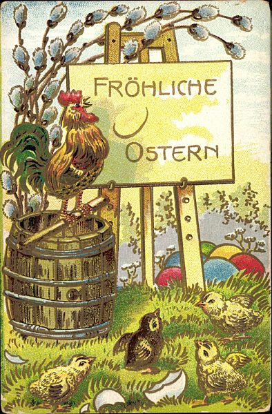 Frohe Ostern, Hahn, Ostereier, Küken, Weidenkätzchen