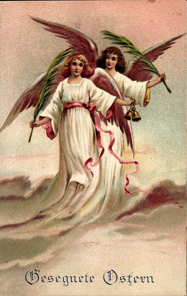 Frohe Ostern, Zwei Engel, Glocken, Palmenblätter