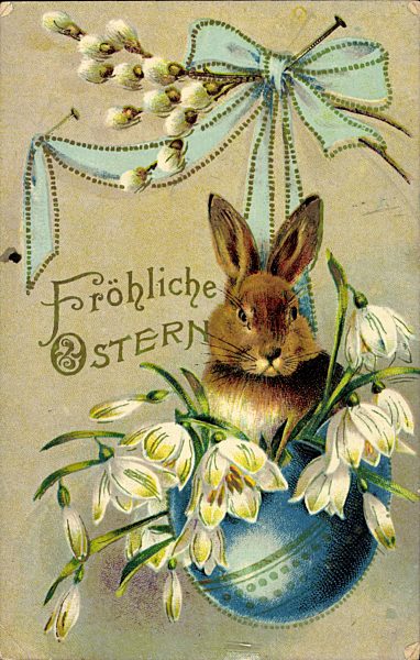 Fröhliche Ostern, Osterhase in einer Ostereierschale, Weidenkätzchen