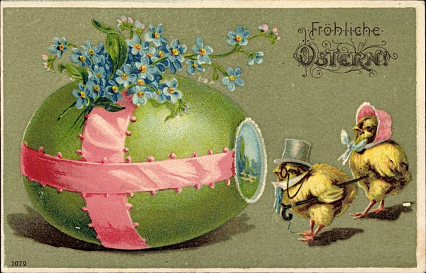 Fröhliche Ostern, Zwei Küken in Kleidern, Osterei