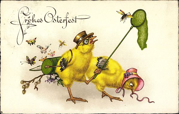 Fröhliche Ostern, Zwei Küken vermenschlicht fangen Schmetterlinge