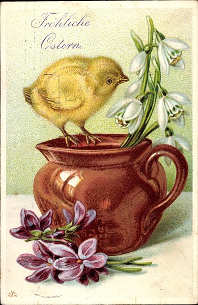 Glückwunsch Ostern, Küken, Schneeglöckchen, Vergissmeinnicht