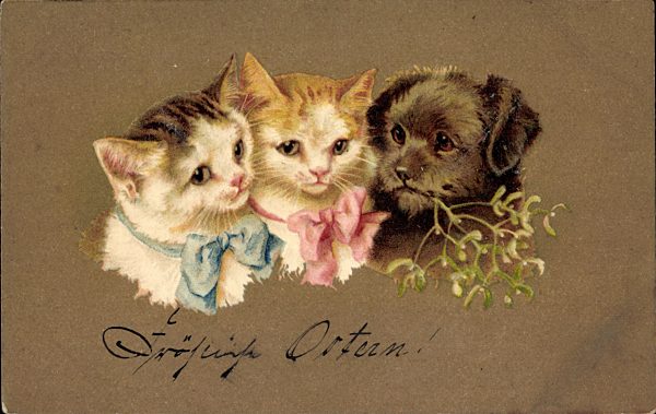 Glückwunsch Ostern, Zwei Kätzchen mit Schleifen und ein Hund