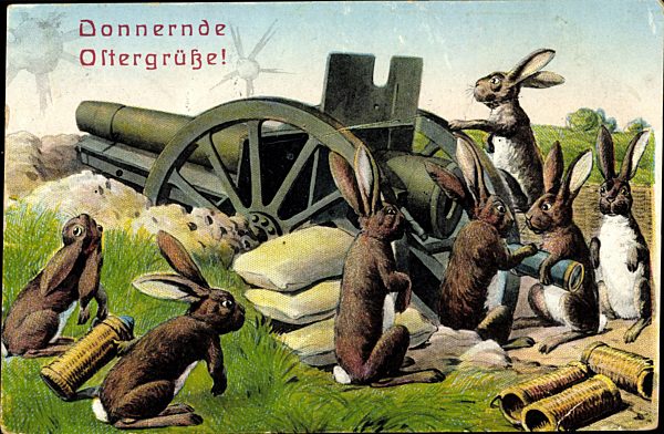 Glückwunsch Ostern, Osterhasen füllen die Kanone mit Munition nach