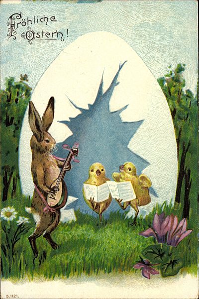 Fröhliche Ostern, Osterhase spielt Mandoline, Küken singen