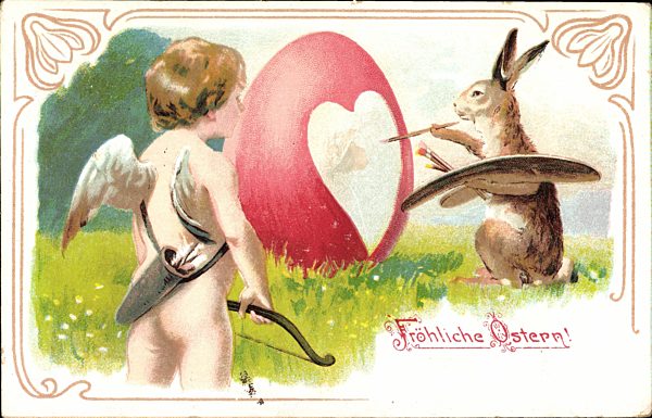 Fröhliche Ostern, Osterhase bemalt Osterei, Engel, Pfeil und Bogen