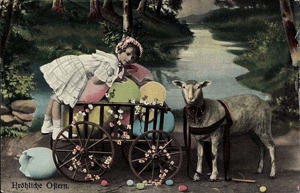 Fröhliche Ostern, Lamm, Kind, Ostereier, Wagen