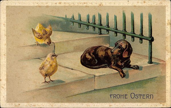 Frohe Ostern, Zwei kleine Küken auf einer Treppe, Dackel