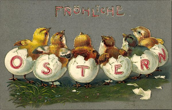 Fröhliche Ostern, Küken in Ostereierschalen