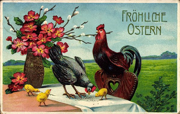 Frohe Ostern, Hühner, Hahn, Küken, Esstisch, Samen