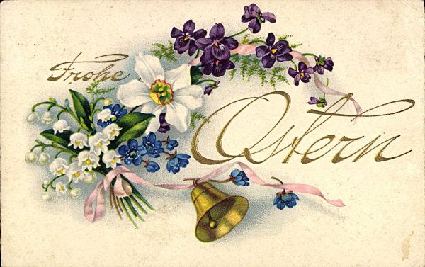 Glückwunsch Ostern, Blüten, Glocke am Band