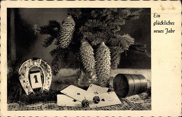 Prosit Neujahr, Hufeisen, Kalender, Kartenspiel, Würfel, Tanne