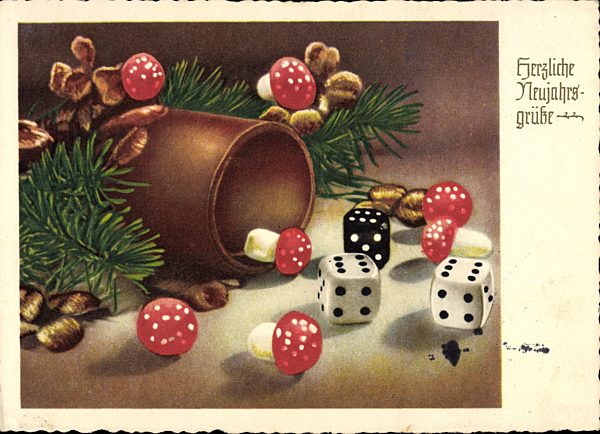 Prosit Neujahr, Fliegenpilze, Würfelspiel, Würfelbecher