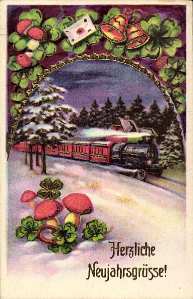 Prosit Neujahr, Eisenbahn, Pilze, Hufeisen, Kleeblätter, Glocken