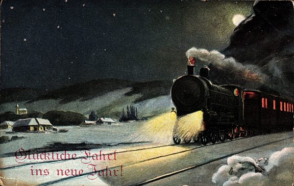Glückliche Fahrt ins neue Jahr, Eisenbahn, Schnee
