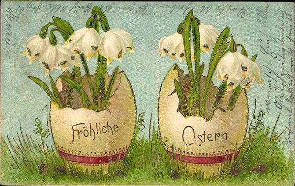 Fröhliche Ostern, Maiglöckchensträuße wachsen aus Ostereiern heraus