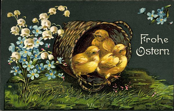Frohe Ostern, Drei Küken in einem Strohkorb, Glockenblumen