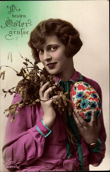 Glückwunsch Ostern, Frau, Osterei, Weidenkätzchen
