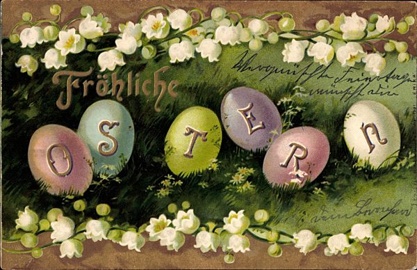 Glückwunsch Ostern, Ostereiern, Glockenblumen