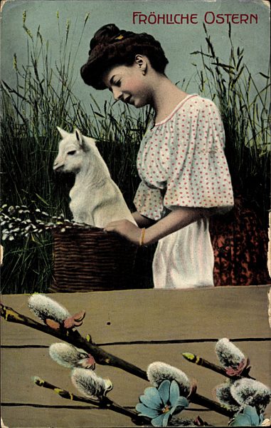 Glückwunsch Ostern, Frau mit Korb und Lamm, Weidenkätzchen