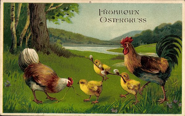 Glückwunsch Ostern, Hahn, Henne, Küken, Weidenkätzchen