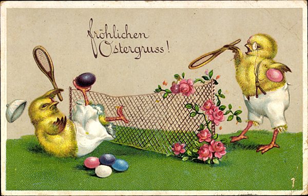 Glückwunsch Ostern, Küken spielen Tennis, Ostereier