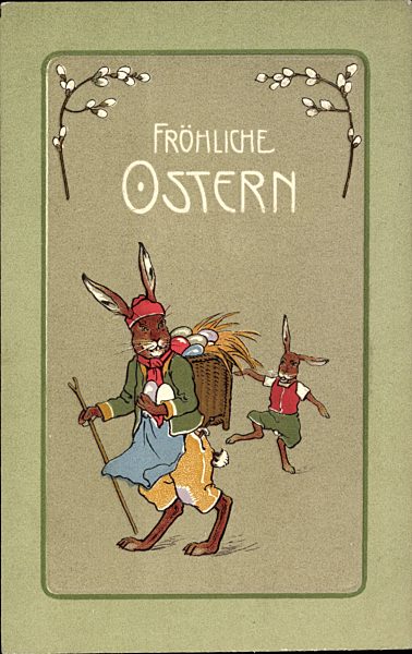Glückwunsch Ostern, Osterhasen, Weidenkätzchen, Ostereier