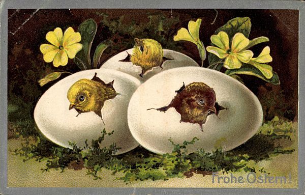 Glückwunsch Ostern, Küken, Eier, Blumen