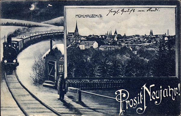 Mühlhausen Thüringen, Totalansicht, Glückwunsch Neujahr, Eisenbahn