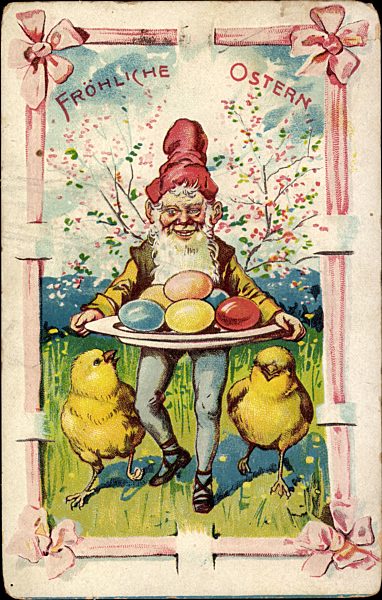 Glückwunsch Ostern, Zwerg mit Ostereiern, Küken