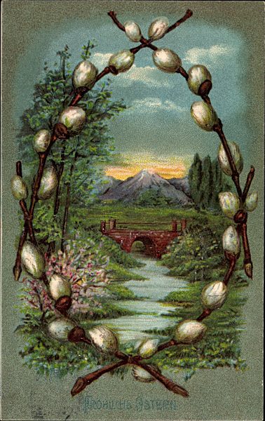 Glückwunsch Ostern, Weidenkätzchen, Brücke, Bach