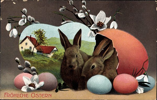 Glückwunsch Ostern, Osterhase schlüpft aus Osterei, Weidenkätzchen
