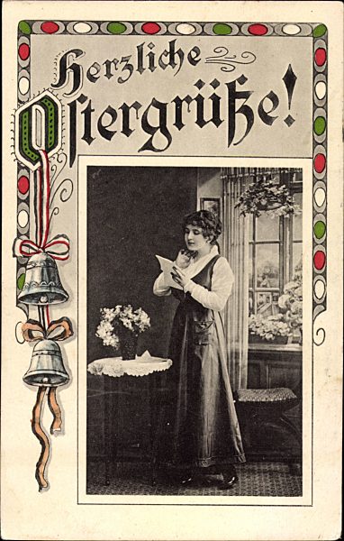 Passepartout Glückwunsch Ostern, Frau liest Brief, Glocken